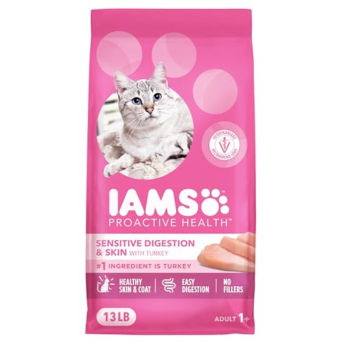 IAMS Proactive Health Adult Sensitive Digestion & Skin Dry Cat Food with Turkey, 13 lb. Bag