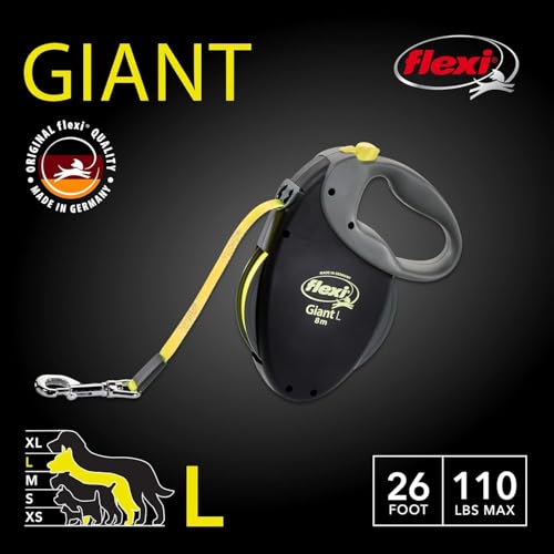 FLEXI Giant Tape Retractable Dog Leashes for Large Dogs Upto 110 lbs. – 26 ft., Black | Tangle Free Pet Walking Leash with One-Handed Brake, Pause