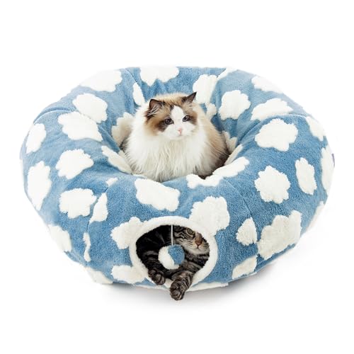 Lesure Cat Tunnel Bed for Indoor Cats - Cute Cat Donut Tunnel Toys for Small Large Cats with Washable Circle Cushion, Round Pet Peekaboo Cave Toy for Kitten/Puppy/Rabbit, Standard Cozy Clouds Blue