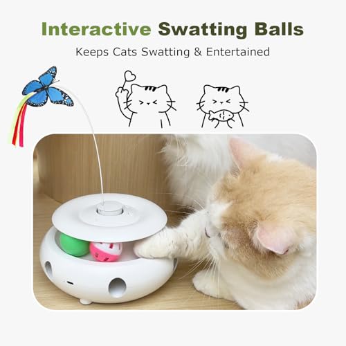 Cat Toys for Indoor Cats, 3-in-1 Interactive Cat Toy Automatic Kitten Toys with Fluttering Butterfly, Ambush Feather and Track Balls, Smart Sensor