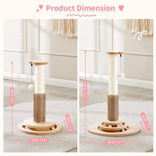 Made4Pets Cat Scratching Post, 23" Tall Sisal Cat Scratcher Post with Self Groomer, 4-in-1 Interactive Trackball Toys with Hair Brush, Vertical Cat Climbing Tree with Dangling Plush Balls