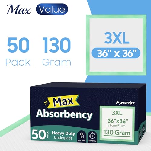 50 Count Hospital Grade 130 Gram 36” x 36” Max Absorbency Disposable Underpads, Leakproof Quick Drying XXXL Bed Pads Disposable for Adults, Kids, Pets Incontinence Pads, Pee Pads
