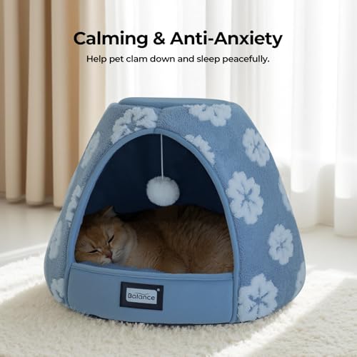 BALANCE Cat Beds for Indoor Cats, 2-in-1 Cat Bed Cave with Anti-Slip Bottom and Ultra-Soft Plush, Cozy Cats House Tent for Kittens and Small Dogs, 19 Inches, Blue