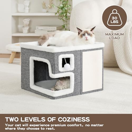 Cat Houses for Indoor Cats, Covered Cave Bed with Scratch Pad and Fluffy Ball, Foldable Cat Hideaway Condo for Large Cats, Modern Kitten Bed,16.5x16.5x13 inches (Grey, Large)