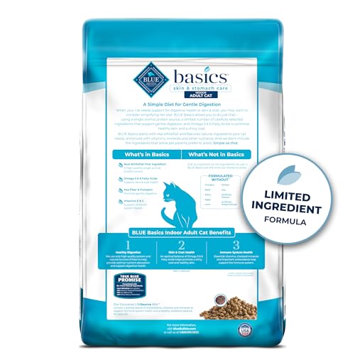 Blue Buffalo Basics Grain-Free Dry Cat Food, Skin & Stomach Care, Limited Ingredient Diet for Indoor Cats, Fish & Potato Recipe, 11-lb Bag