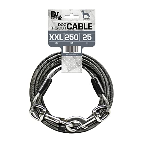 BV Dog Tie Out Cable 25 Feet - Heavy Duty Dog Lead Up to 250 Pounds - Reflective & Rust-Free with Quick Release Swivel Clips & 360° Rotating Clasp