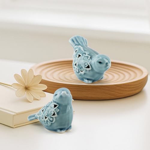 Pair of Blue Bird for Home Decor, Farmhouse Ceramic Bird Statue Sculpture Birds Ornaments, Small Decor for Shelves Entryway TV Stand Bookcase, Garden Micro Landscape Accessories