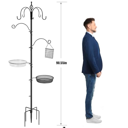 Bird Feeding Station, 90.55in 6-Hook Wild Bird Feeder Stand Pole with Water & Mesh Tray Humming Bird Feeders for Outdoors Easy Assembly for Courtyards Gardens (Black)