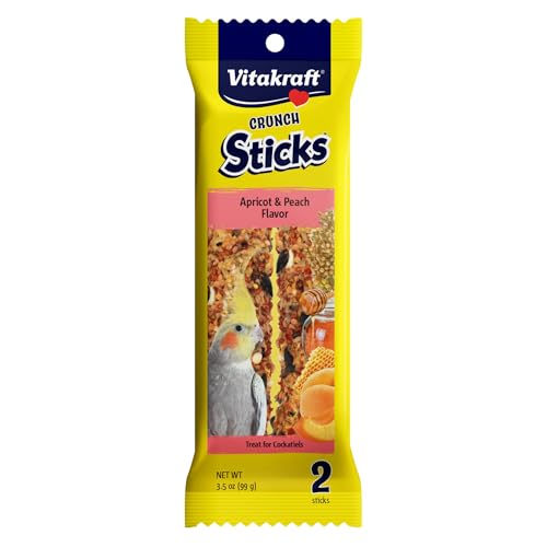 Vitakraft Crunch Sticks Cockatiel Treat Apricot Peach Flavor - Triple Baked Long Lasting Bird Treats with Natural Wood Chew Center for Beak Health and Enrichment - 3.5 oz.
