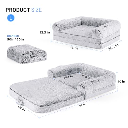 Human Dog Bed for Adult, 2 in 1 Foldable Giant Dog Bed for People Fits Pet Families, Egg Foam Supportive Mat, Waterproof Liner, Faux Fur Human Size Pet Bed with Blanket, 71"x43"x10", Grey