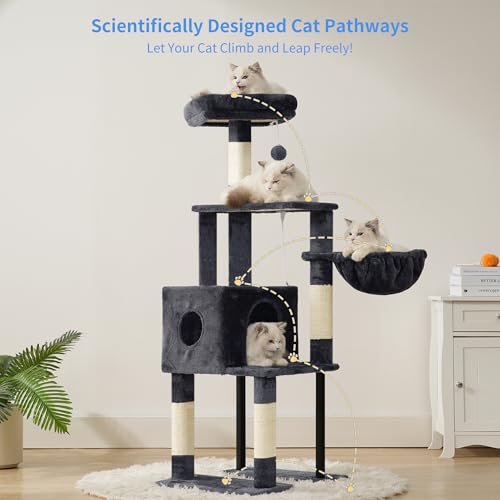 Heybly Cat Tree, 49.2 Inches Cat Tower for Indoor Cats, Spacious Cat House Condo with Hidden Space，Sturdy Steel Tube，Soft Plush Top Perch，Cozy Hammock and Sisal Scratching Posts, Smoky Gray HCT200SG