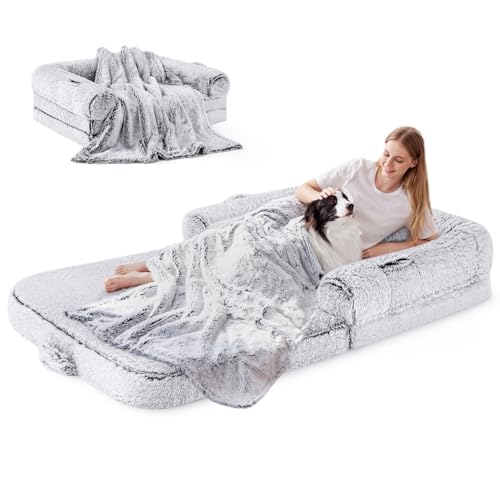 Human Dog Bed for Adult, 2 in 1 Foldable Giant Dog Bed for People Fits Pet Families, Egg Foam Supportive Mat, Waterproof Liner, Faux Fur Human Size Pet Bed with Blanket, 71"x43"x10", Grey