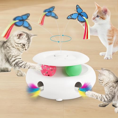 Cat Toys for Indoor Cats, 3-in-1 Interactive Cat Toy Automatic Kitten Toys with Fluttering Butterfly, Ambush Feather and Track Balls, Smart Sensor