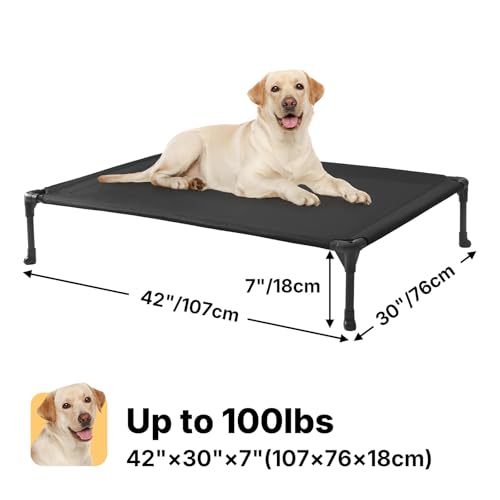 Veehoo Outdoor Elevated Dog Bed Large Sized Dogs, Large Cooling Raised Dog Cots Beds Training Platform Off Ground Hammock with Breathable Mesh, No-Slip Feet, 42"x30", Black
