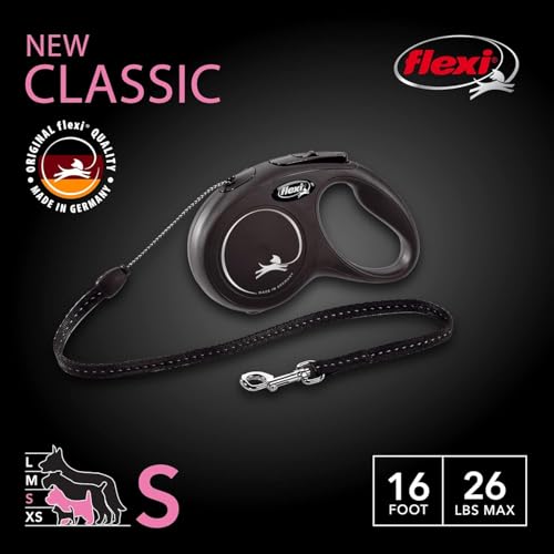 FLEXI New Classic Cord Retractable Dog Leash for Small Dogs up to 26 lbs. – 16 ft., Black | Tangle-Free Pet Walking Leash with One-Handed Brake