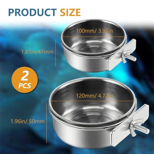 2Pcs Stainless Steel Bird Feeding Bowls, Small Bird Feeding Cup, Stainless Steel Parrot Food Bowl Cage with Holder, Parrot Cage Water Feeder, Pet Cage Cup Holder (Dia 3.93", 4.72",)