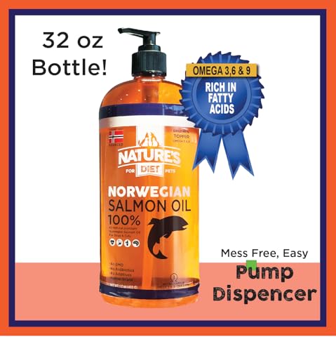 Nature's Diet Pet 32 oz Norwegian Salmon Oil Dogs & Cats - Natural Support for Joint Function Immune Heart Health Appetite Skin & Coat Omega 3 6 9 Liquid Food Topper EPA DHA Fatty Acids