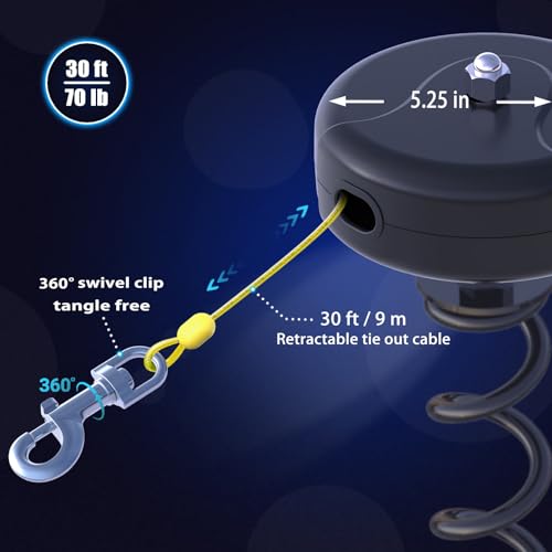 Dog Tie Out Cable and Stake 360° No Tangle Heavy Spiral Yard Stake and Retractable Dog Leash for Dogs Up to 10-90 lbs, 30ft Dog Chain for Outside