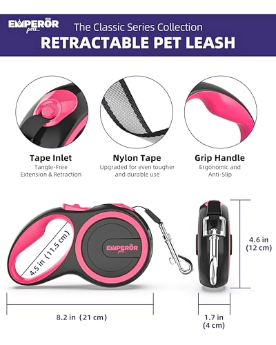Emperor Pets Pink Heavy Duty Retractable Dog Leash 26 ft – Tangle-Free Nylon Tape, Anti-Slip Grip, Reflective – Retractable Leash for Medium Large