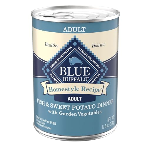 Blue Buffalo Homestyle Recipe Adult Wet Dog Food, Made with Natural Ingredients, Fish & Sweet Potato Dinner with Garden Vegetables, 12.5-oz can (Pack of 12)