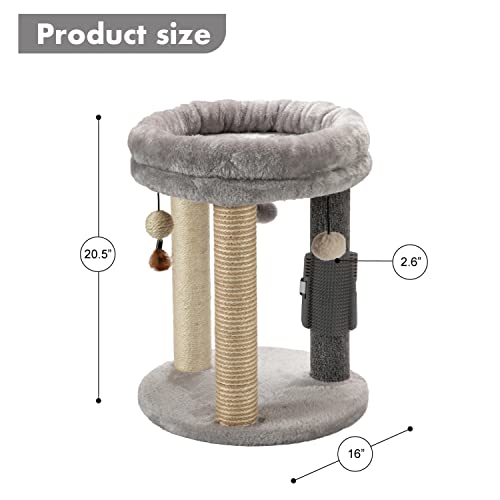 MECOOL 4in1 Small Cat Tree,Scratching Post with Tower Soft Bed, Sisal Carpet Jute Posts with Three Hanging Ball Toys and Massage Brush for Indoor Cats and Kittens