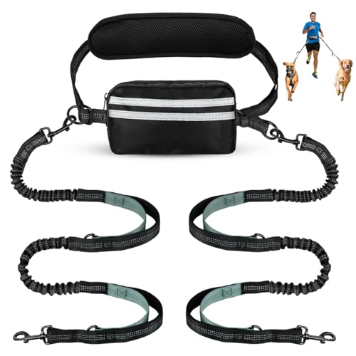 Hands Free Dog Leash, Double Dog Leash with Waist Bag, Back Brace, Double Padded Handles, Running Belt Fanny Pack with Phone, Treat, (Large, 26-120