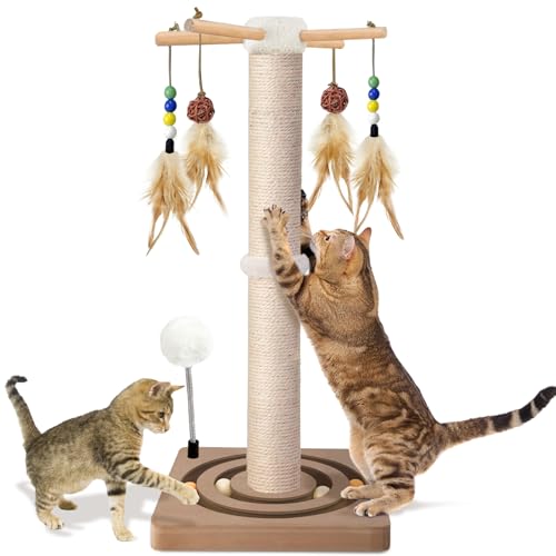 Cat Scratching Post, Sisal, Interactive Furniture Toys for Indoor Cats Adults, 2 Mounting Methods Scratcher Tree Tower with Hanging and Ball Track, Activity Center for Kitten, 25 inches