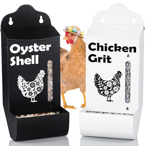 CluckRoots Chicken Grit and Oyster Shell Feeder Combo, No-Spill Weatherproof Heavy-Duty Design, Lift-Off Wall-Mounted Metal Dispenser w/View Window, Chicken Coop Accessories Gifts for Lovers Women