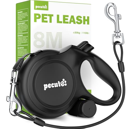 Pecute Retractable Dog Leash 26ft with Chew Proof Extender for 33-110 lbs | Heavy Duty Dog Leash Retractable for Large Biter with Poop Bag Holder
