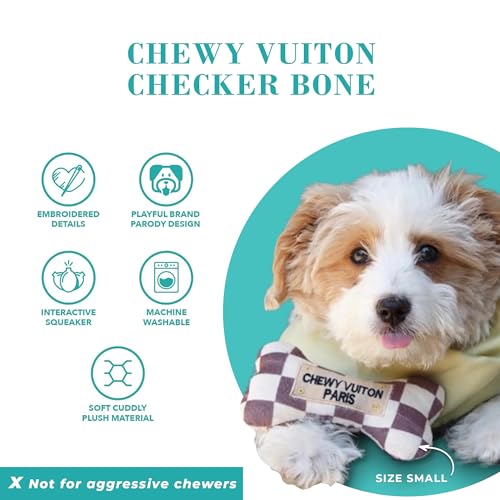 Haute Diggity Dog Chewy Vuiton Bone Plush Dog Toy, Tan Checker, Small | Designer Parody Toy, Hidden Squeaker, Soft Plush Stuffed Dog Toys, Small Dog