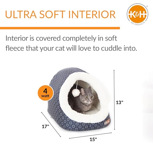 K&H Pet Products Thermo-Pet Cave Heated Cat Bed for Large Cats, Indoor Heated Warming Bed for Dogs & Cats, Covered Cave Pet Tent, Collapsible, Machine Washable, Safety Listed - 17 X 15 X 13in Navy