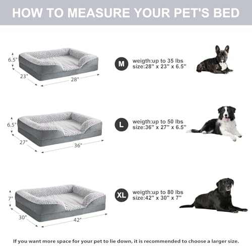 Orthopedic Dog Beds for Large Dogs,Waterproof Dog Bed, Egg Crate Foam Bed for Large Dogs, Big Pet Bed with Washable Removable Waterproof Pillow Cover and Anti-Slip Bottom, Grey