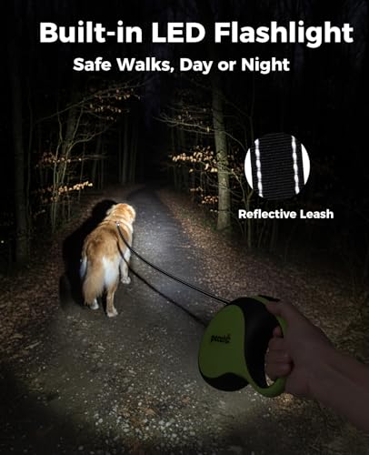 Retractable Dog Leash with Light, 16.4 ft Retractable Pet Leash with Anti-Slip Soft Grip, 360° Tangle-Free, One-Button Control, Reflective Leashes