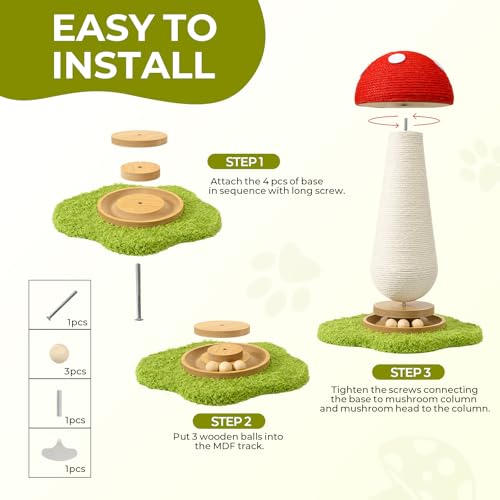 Cat Scratching Post, Mushroom Cat Scratcher with Interactive Ball Track Spring Ball Toys Cute Sisal Scratchers Post for Indoor Adults Kitten with