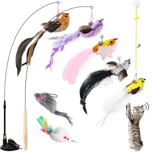 Soarer 3-in-1 Flying Bird Cat Toys - 7Pcs Wooden Cats Wand Toy Fishing Pole Cat Bird Toys Replacements,Interactive Enhanced Suction Cup and Door Hanging Cat String Toys for Indoor Kitten