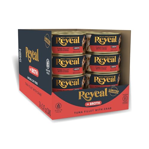 Reveal Natural Wet Canned Cat Food, Limited and Natural Ingredients, Grain Free, High Protein with No Artificial Additives, Tuna with Crab in Broth (24 x 2.47 oz Cans)