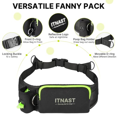 Hands Free Dog Leash for Medium Large Dogs, Waist Support Padded Bungee Dog Running Leash with Reflective Stitching for Walks, Jogging, Running