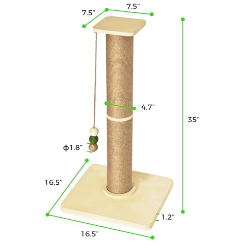 TINYBEAST Wooden Cat Scratching Post, Sturdy 35'' Tall Natural Sisal Cat Scratcher with Thick Solid Wood Base for Adult Cats Indoor, Jumbo Durable Stable Cat Scratcher Tower