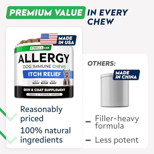 StrellaLab Dog Allergy Relief & Anti Itch Support Chews w/Omega 3: Real Ingredients, Real Taste! Skin & Coat Immune w/Fish Oil, Pumpkin & Enzymes
