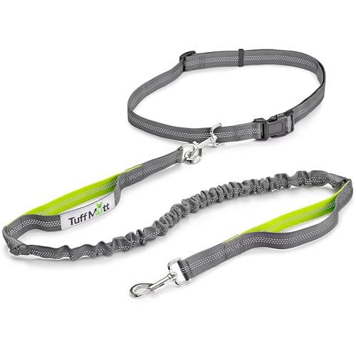 Tuff Mutt Hands Free Dog Leash for Walking Running Hiking, Waist Leash with Bungee, Adjustable Belt, Reflective Double Handle Design for Large Medium