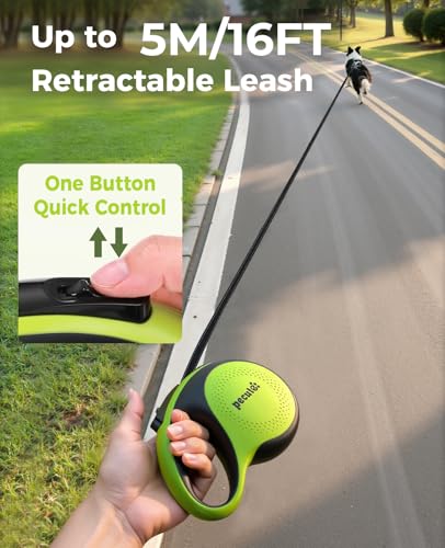 Retractable Dog Leash with Light, 16.4 ft Retractable Pet Leash with Anti-Slip Soft Grip, 360° Tangle-Free, One-Button Control, Reflective Leashes