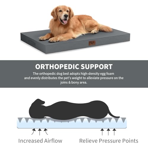 Outdoor Orthopedic Dog Bed, Waterproof Dog Bed for Large Dogs 36x27 Inch, Egg Crate Foam Pet Mat with Washable Removable Oxford Cooling Cover, Grey