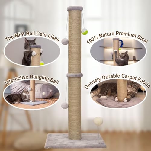 Tall Cat Scratching Post 36 inch Large Cat Scratch Post for Indoor Cats with Durable Natural Sisal Rope Scratcher Post Tree Kitten Interactive Toy-Gray
