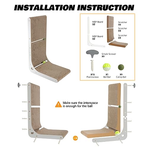 Cardboard Cat Scratcher, Vertical Cat Scratching Board, 23.6 Inch L-Shape Cat Scratch Pads with Built-in Catnip Toy Balls, Wall-Mount Cat Scratchers for Indoor Cats