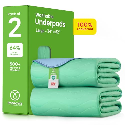 IMPROVIA® Washable Underpads, 34" x 52" (Pack of 2) - Heavy Absorbency Reusable Incontinence Pads for Kids, Adults, Elderly, and Pets - Waterproof