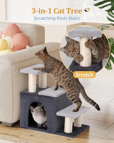 Aechonow 3-in-1 Pet Stairs for Cats, Dog Steps for Small Doggie Rabbits, 6.29''Depth Cat Stairs, Indoor Cat Ladders for High Bed for Pet's Joints, 1 Cat Condo Cave, Sisal Scratcher, Grey, Medium