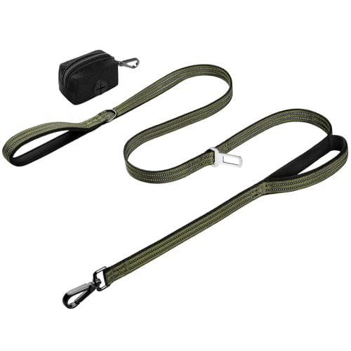 WINGOIN Dog Leash for Large Medium Dogs, Heavy Duty Dog Leashes with Double Handle, Poop Bag Holder, Metal Clip, Car Seat Belt Buckle, Reflective
