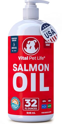 Salmon Oil for Dogs & Cats - Healthy Skin & Coat, Fish Oil, Omega 3 EPA DHA, Liquid Food Supplement for Pets, All Natural, Supports Joint & Bone Health, Natural Allergy & Inflammation Defense, 32 oz