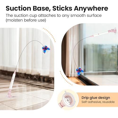 Potaroma Interactive Spinning Butterfly Cat Toy Wand – Rechargebale Electric Touch Activated Cat Teaser with Suction Cup Self-Play & Handheld Mode
