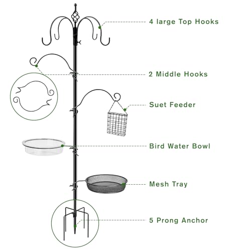 Bird Feeding Station, 90.55in 6-Hook Wild Bird Feeder Stand Pole with Water & Mesh Tray Humming Bird Feeders for Outdoors Easy Assembly for Courtyards Gardens (Black)